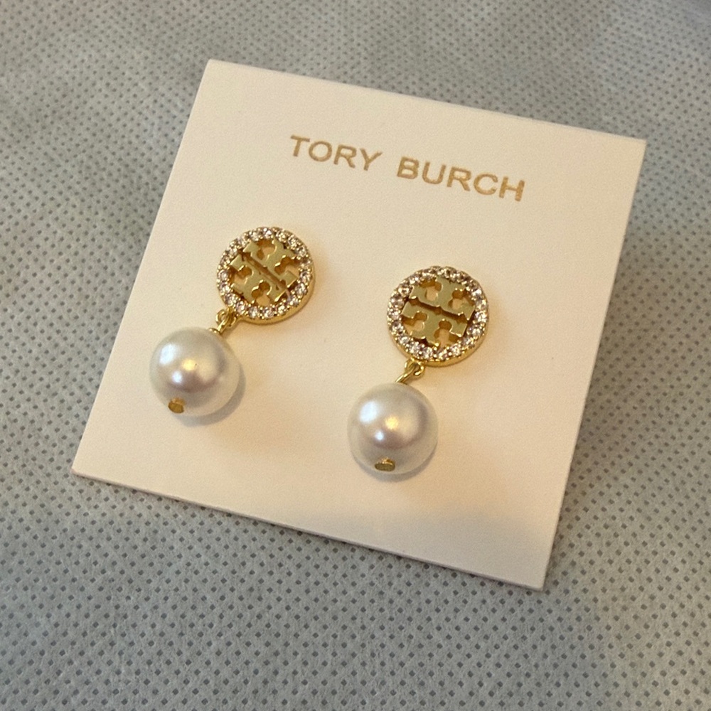 Tory Burch Gold and White Pearl Drop Earrings - Picture 3 of 3